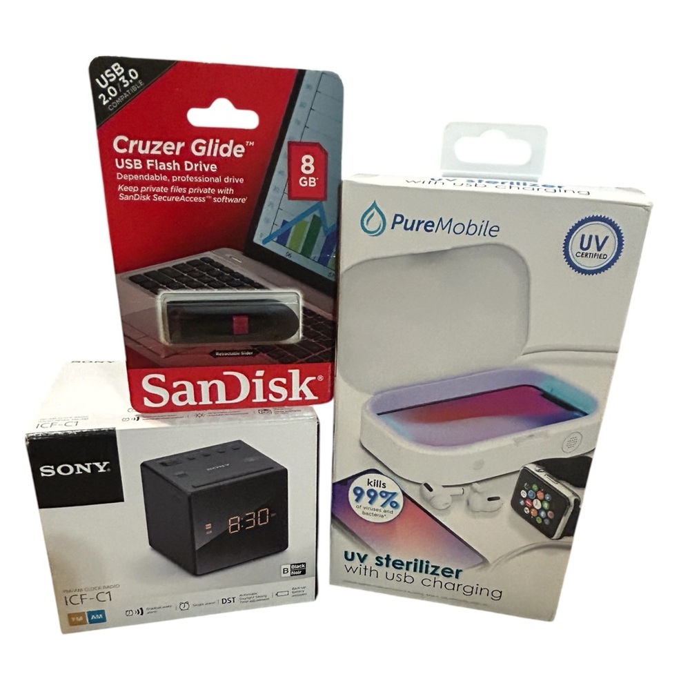 Tech Bundle Sony Alarm Clock UV Sanitizer SanDisk USB New